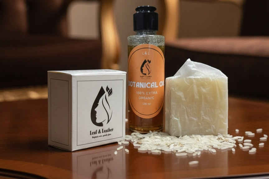 Product display on a wooden surface with a blurred background